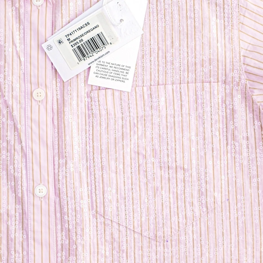 NWT Derek Lam 10 Crosby Wesley Sequined Striped Cotton Shirt Pink $395 - Size M - Picture 11 of 12